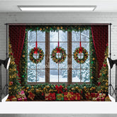 Aperturee - Aperturee Christmas Window Photography Backdrop Snowy View with Wreaths and Red Curtains Holiday Mini Session Background